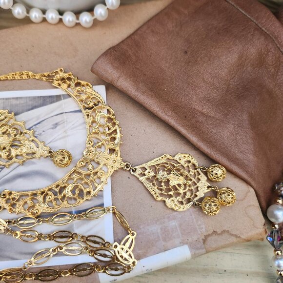 Vintage 1970's Egyptian Revival Tiered Chandelier Statement Necklace - Picture 5 of 14